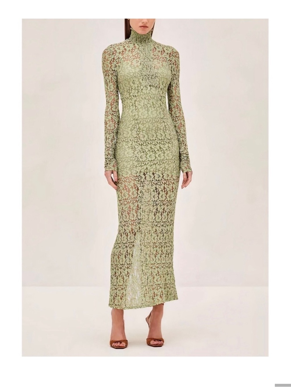 Alexis Sage Green Lace Long-Sleeve High-Neck Maxi Dress- size medium - Picture 2 of 13